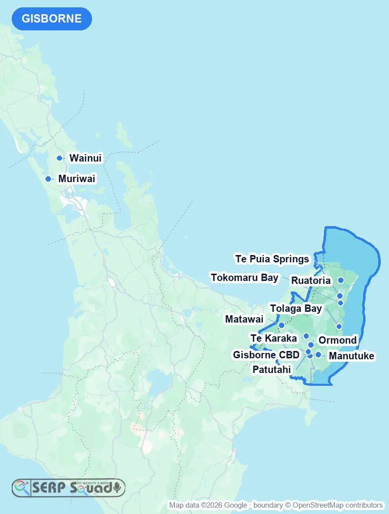 Map of Gisborne, New Zealand, marking the 12 cities where we run local SEO campaigns