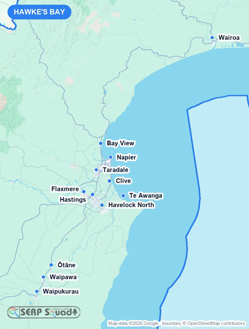 Map of Hawke's Bay, New Zealand, marking the 12 cities where we run local SEO campaigns