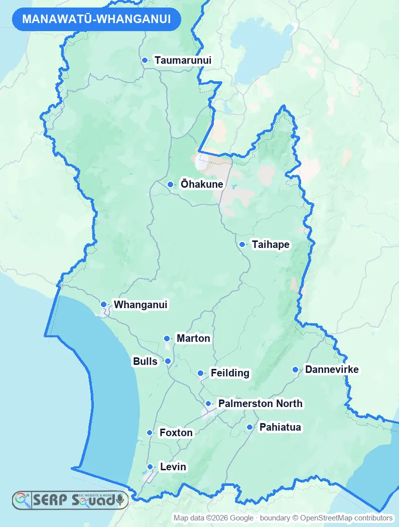 Map of Manawatū-Whanganui, New Zealand, marking the 12 cities where we run local SEO campaigns