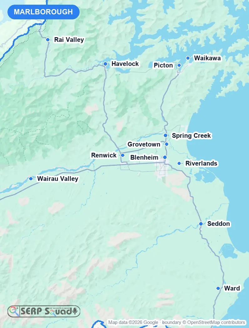 Map of Marlborough, New Zealand, marking the 12 cities where we run local SEO campaigns