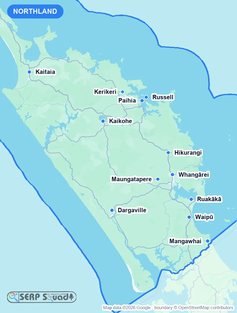 Map of Northland, New Zealand, marking the 12 cities where we run local SEO campaigns