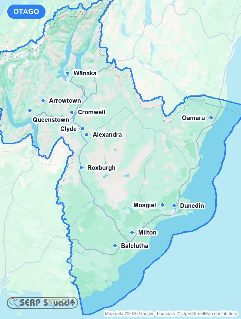 Map of Otago, New Zealand, marking the 12 cities where we run local SEO campaigns