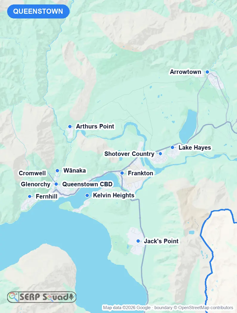 Map of Queenstown, New Zealand, marking the 12 cities where we run local SEO campaigns