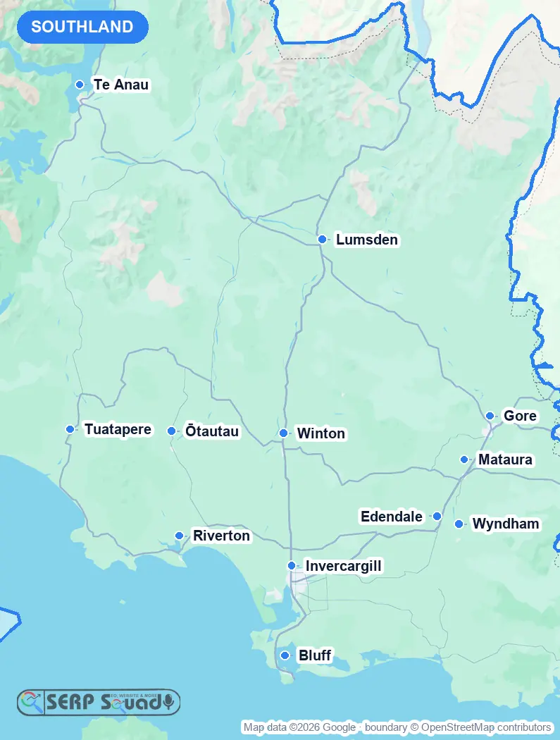 Map of Southland, New Zealand, marking the 12 cities where we run local SEO campaigns