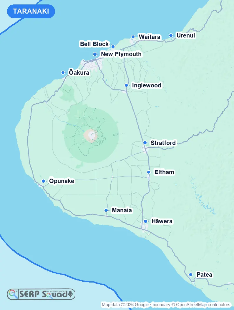 Map of Taranaki, New Zealand, marking the 12 cities where we run local SEO campaigns