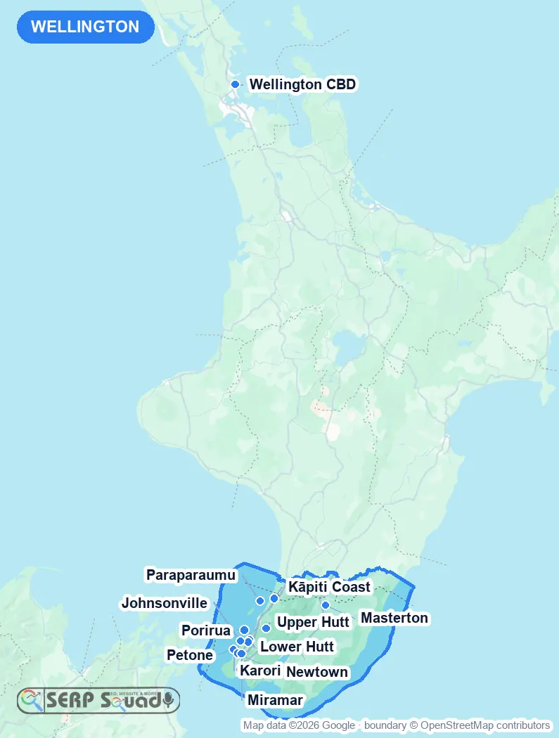 Map of Wellington, New Zealand, marking the 12 cities where we run local SEO campaigns