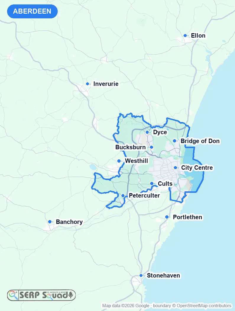 Map of Aberdeen, the United Kingdom, marking the 12 cities where we run local SEO campaigns