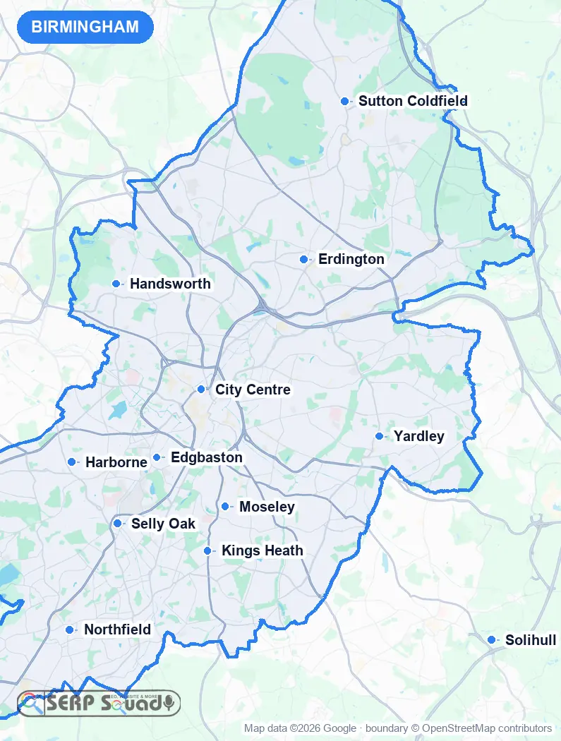 Map of Birmingham, the United Kingdom, marking the 12 cities where we run local SEO campaigns
