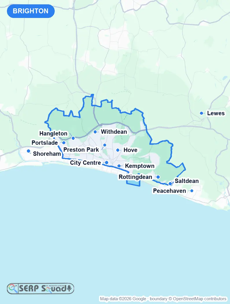 Map of Brighton, the United Kingdom, marking the 12 cities where we run local SEO campaigns