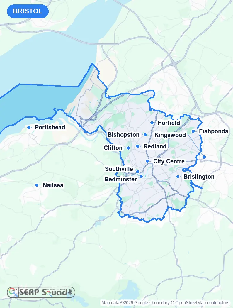 Map of Bristol, the United Kingdom, marking the 12 cities where we run local SEO campaigns