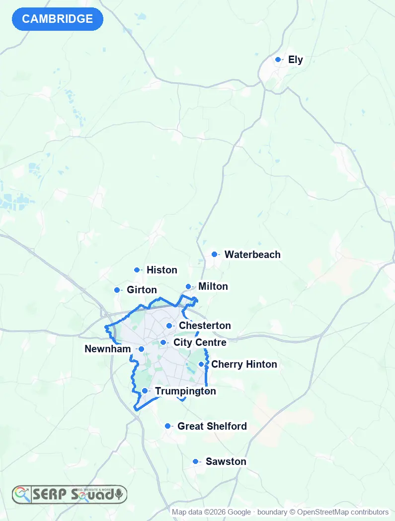 Map of Cambridge, the United Kingdom, marking the 12 cities where we run local SEO campaigns