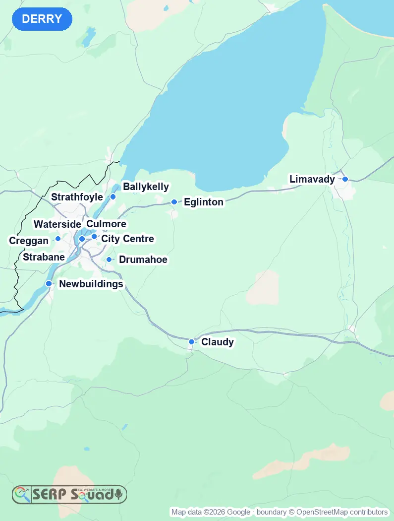 Map of Derry, the United Kingdom, marking the 12 cities where we run local SEO campaigns