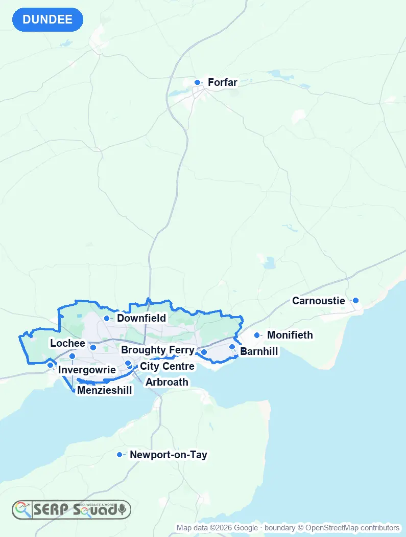 Map of Dundee, the United Kingdom, marking the 12 cities where we run local SEO campaigns