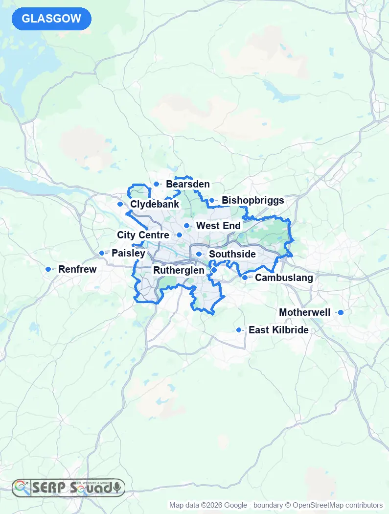 Map of Glasgow, the United Kingdom, marking the 12 cities where we run local SEO campaigns