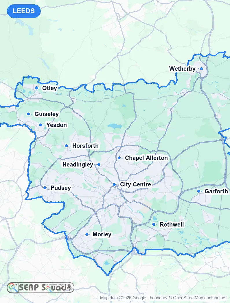 Map of Leeds, the United Kingdom, marking the 12 cities where we run local SEO campaigns