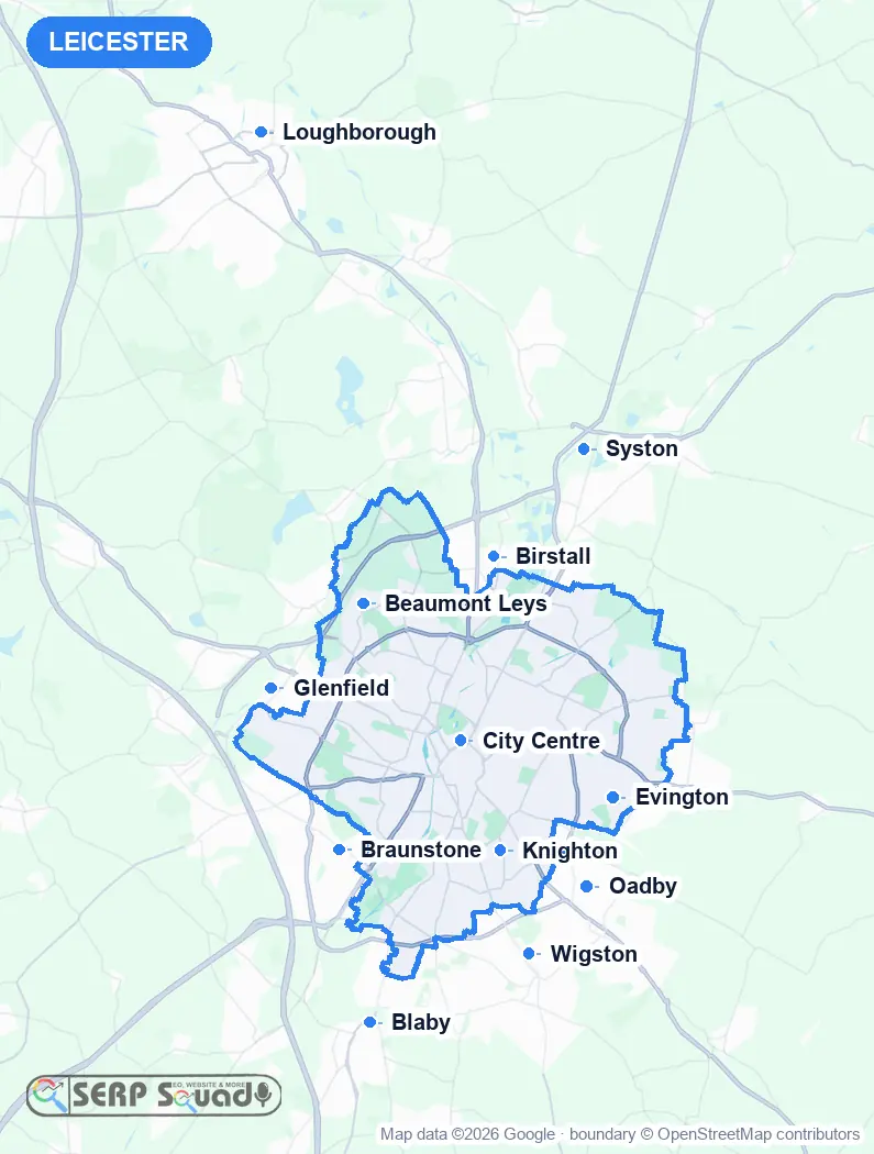 Map of Leicester, the United Kingdom, marking the 12 cities where we run local SEO campaigns