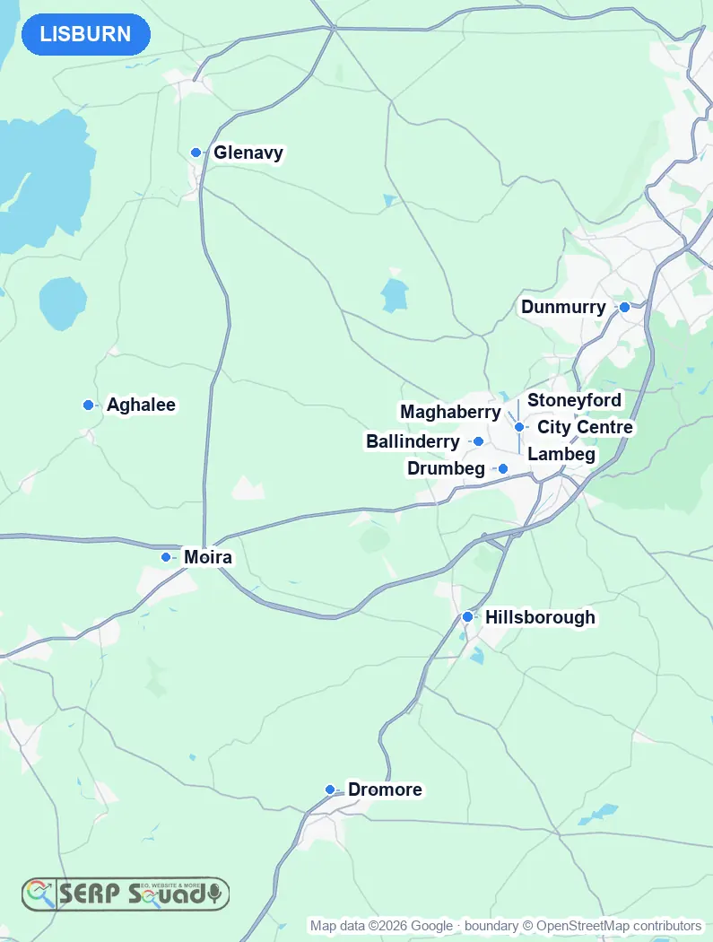 Map of Lisburn, the United Kingdom, marking the 12 cities where we run local SEO campaigns