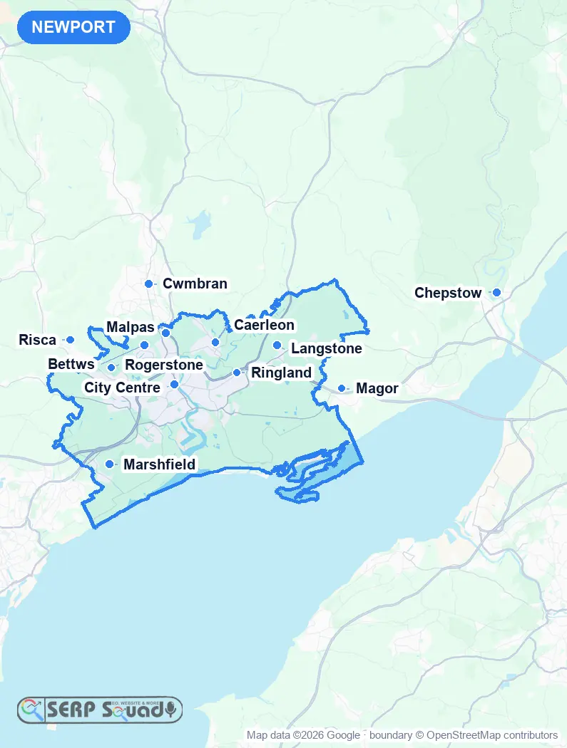 Map of Newport, the United Kingdom, marking the 12 cities where we run local SEO campaigns