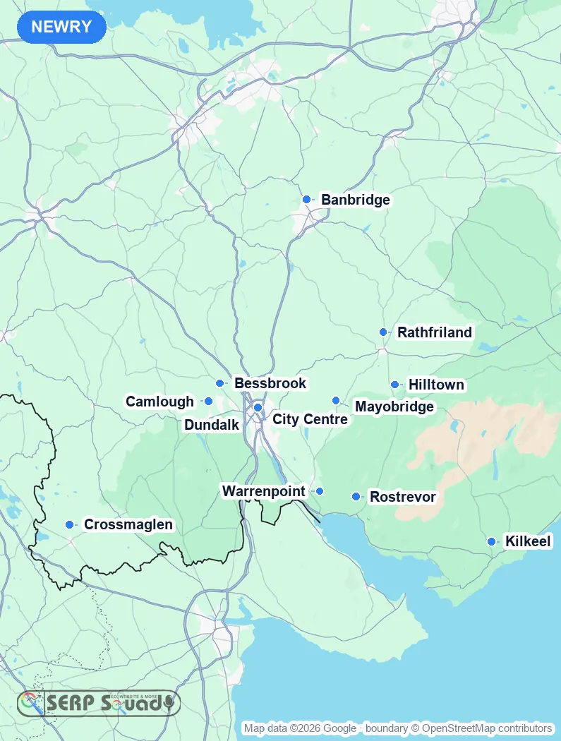 Map of Newry, the United Kingdom, marking the 12 cities where we run local SEO campaigns