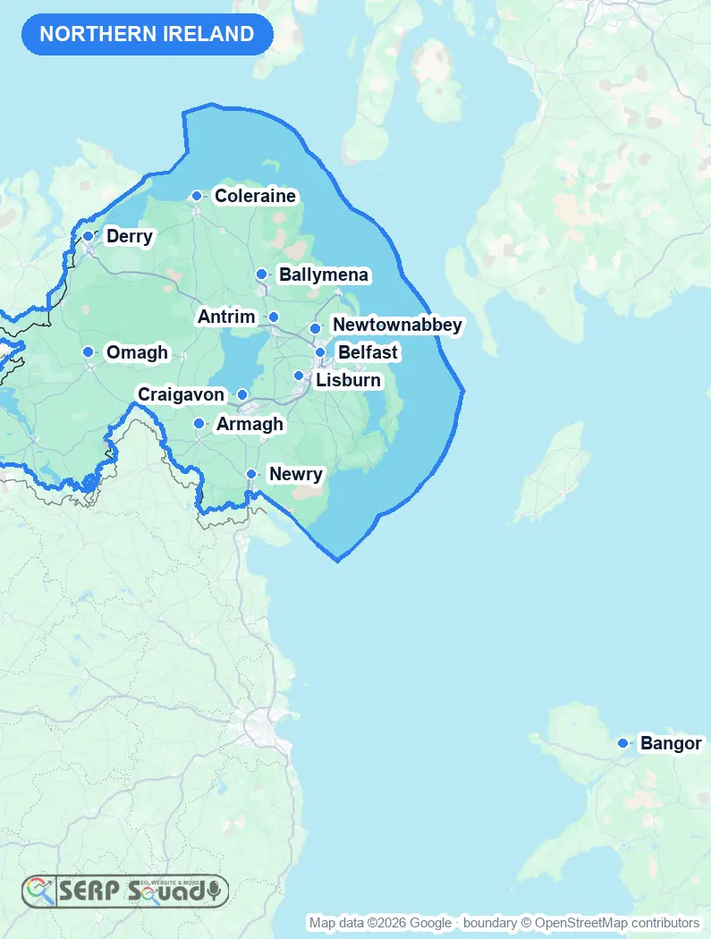 Map of Northern Ireland, the United Kingdom, marking the 12 cities where we run local SEO campaigns