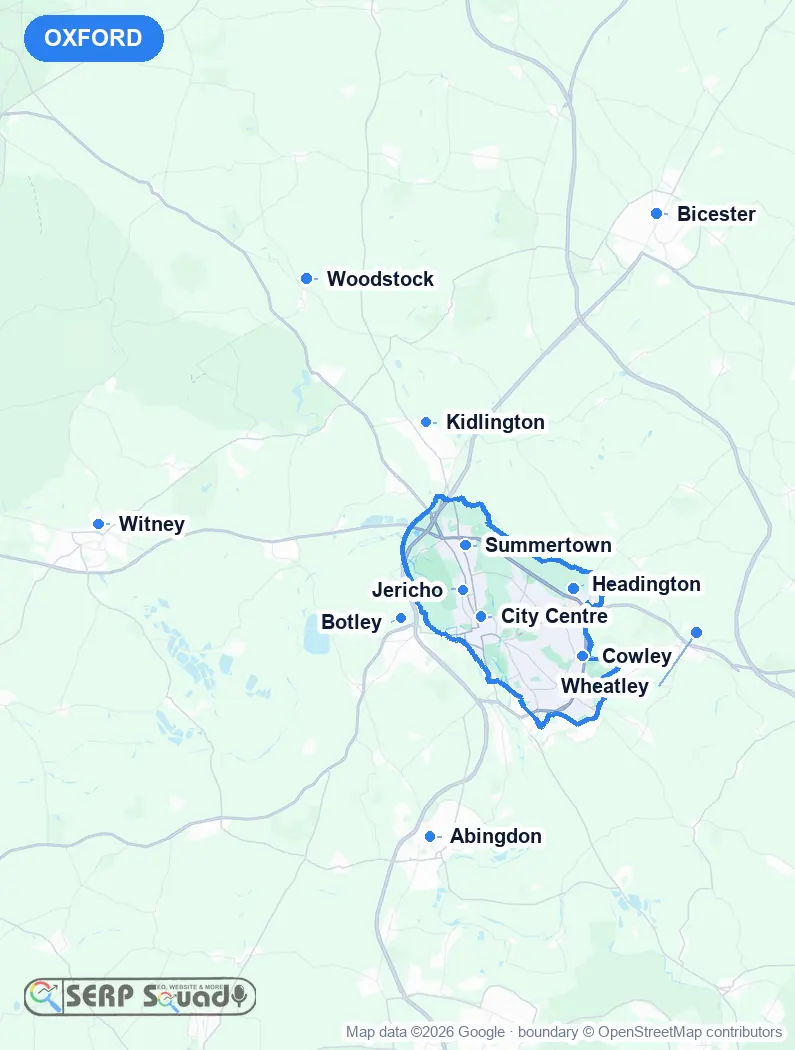 Map of Oxford, the United Kingdom, marking the 12 cities where we run local SEO campaigns