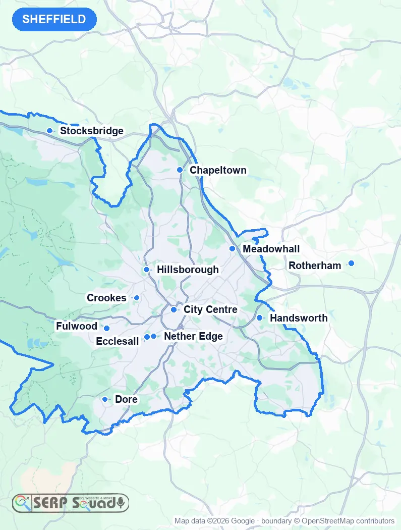 Map of Sheffield, the United Kingdom, marking the 12 cities where we run local SEO campaigns