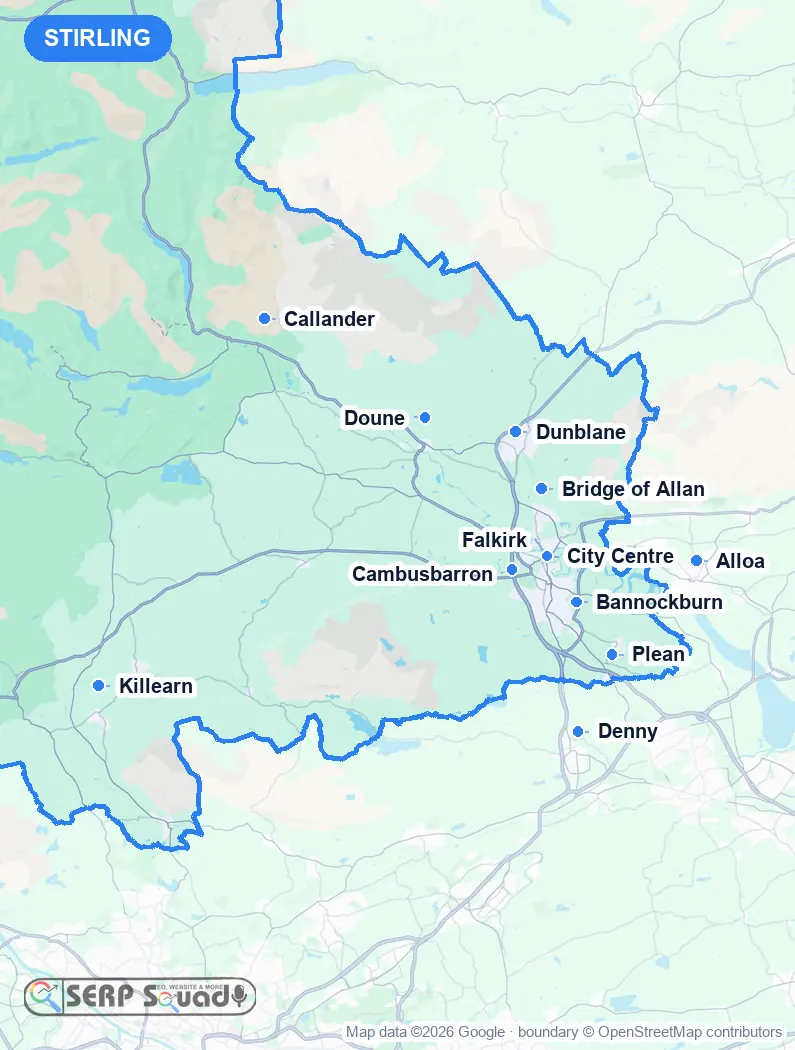 Map of Stirling, the United Kingdom, marking the 12 cities where we run local SEO campaigns