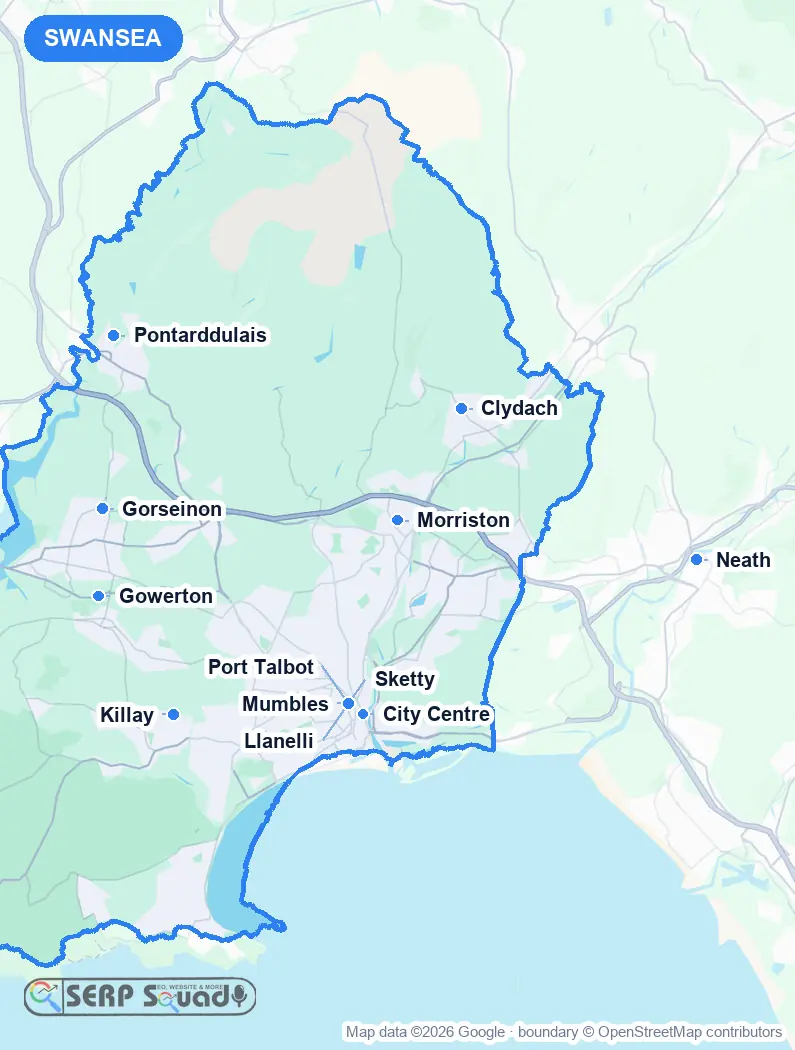 Map of Swansea, the United Kingdom, marking the 12 cities where we run local SEO campaigns