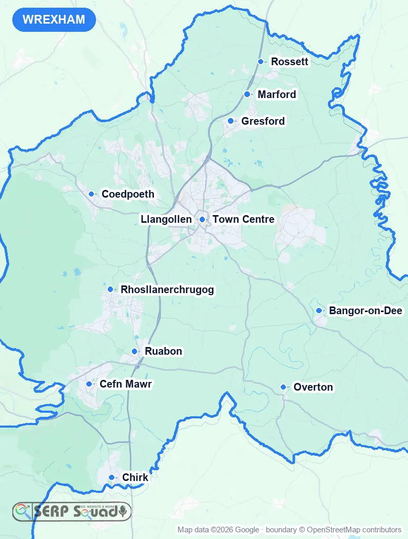 Map of Wrexham, the United Kingdom, marking the 12 cities where we run local SEO campaigns