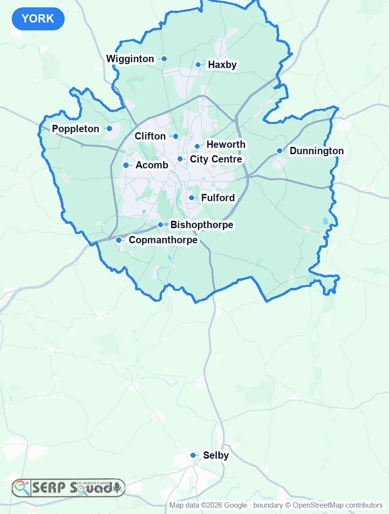 Map of York, the United Kingdom, marking the 12 cities where we run local SEO campaigns