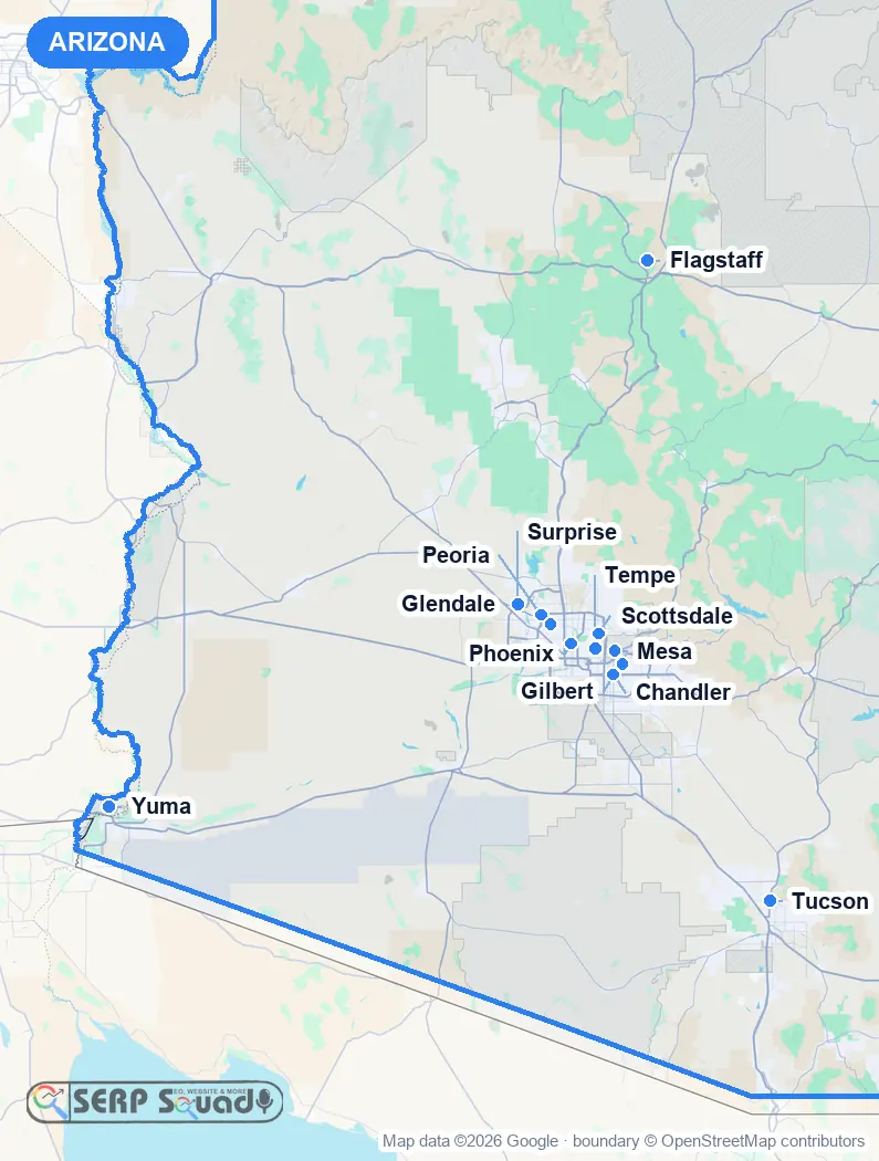 Map of Arizona, USA, marking the 12 cities where we run local SEO campaigns