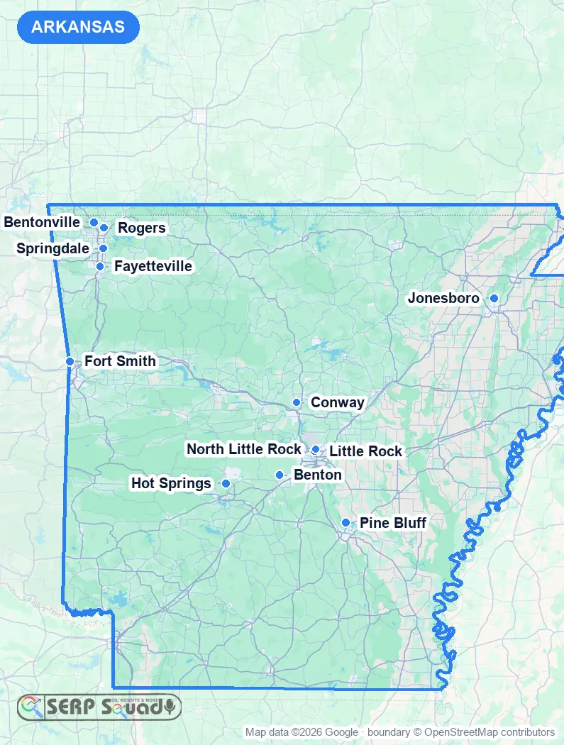 Map of Arkansas, USA, marking the 12 cities where we run local SEO campaigns