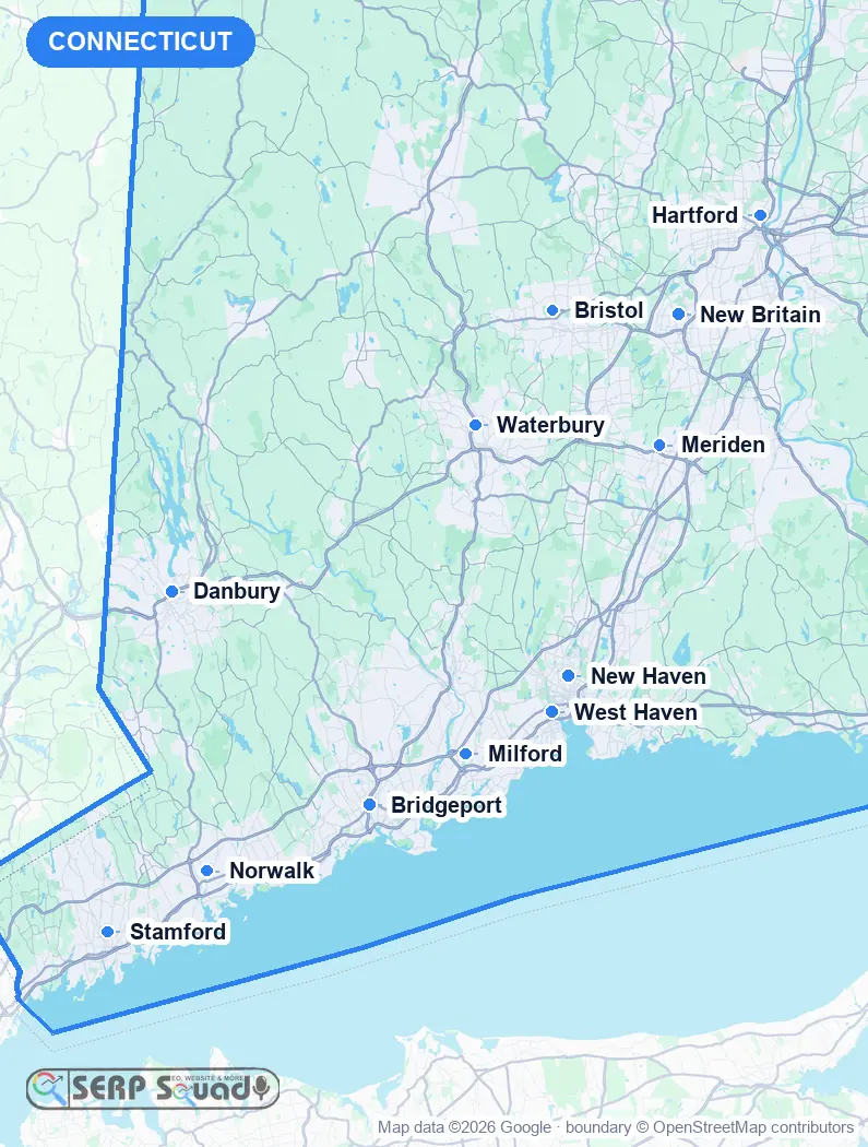 Map of Connecticut, USA, marking the 12 cities where we run local SEO campaigns