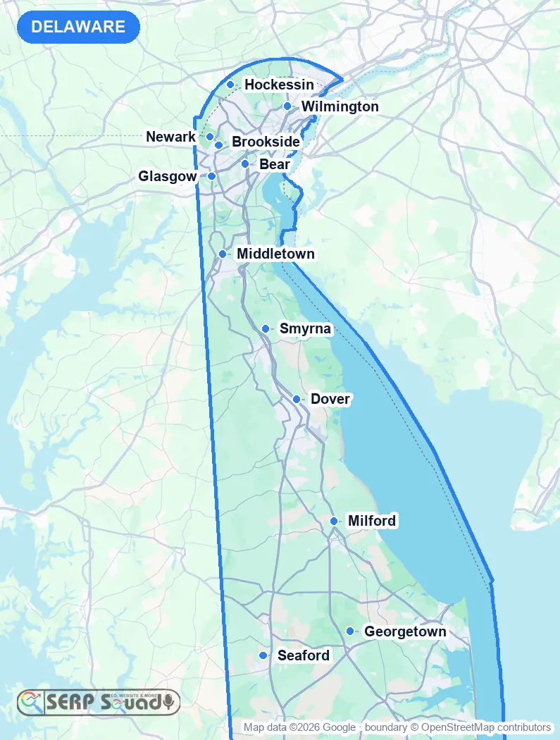 Map of Delaware, USA, marking the 12 cities where we run local SEO campaigns