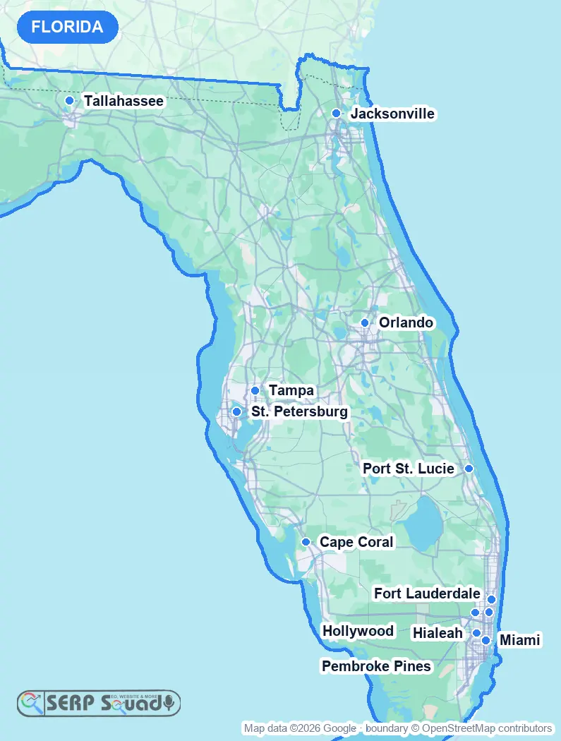 Map of Florida, USA, marking the 12 cities where we run local SEO campaigns