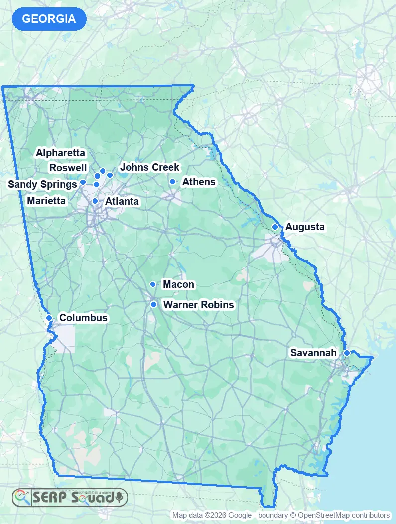 Map of Georgia, USA, marking the 12 cities where we run local SEO campaigns