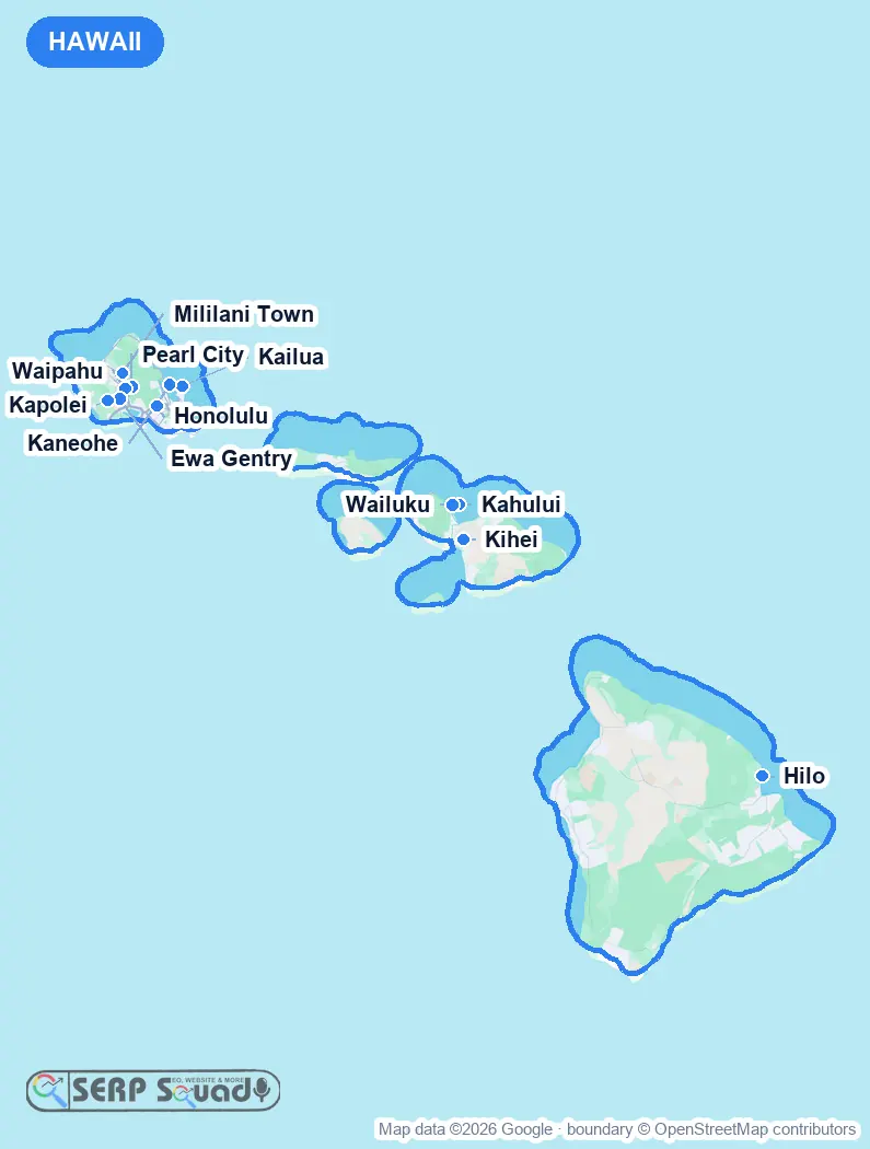Map of Hawaii, USA, marking the 12 cities where we run local SEO campaigns
