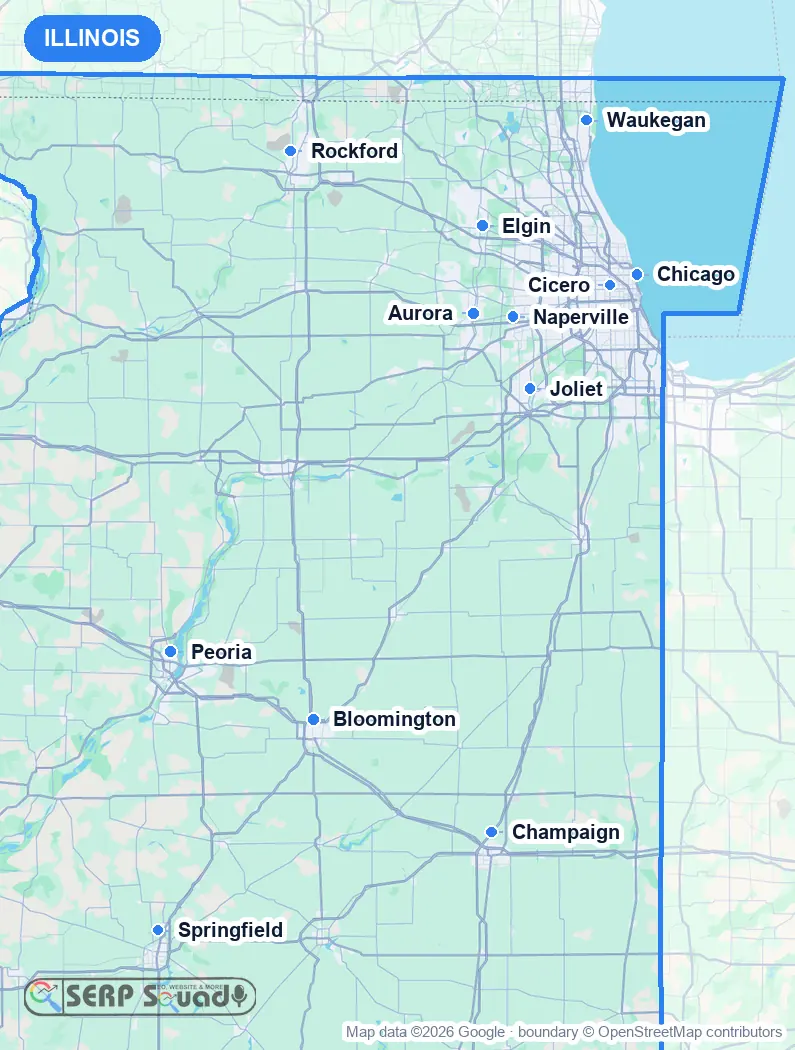 Map of Illinois, USA, marking the 12 cities where we run local SEO campaigns