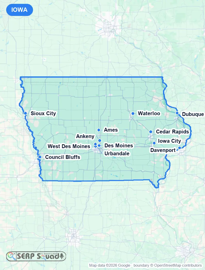 Map of Iowa, USA, marking the 12 cities where we run local SEO campaigns