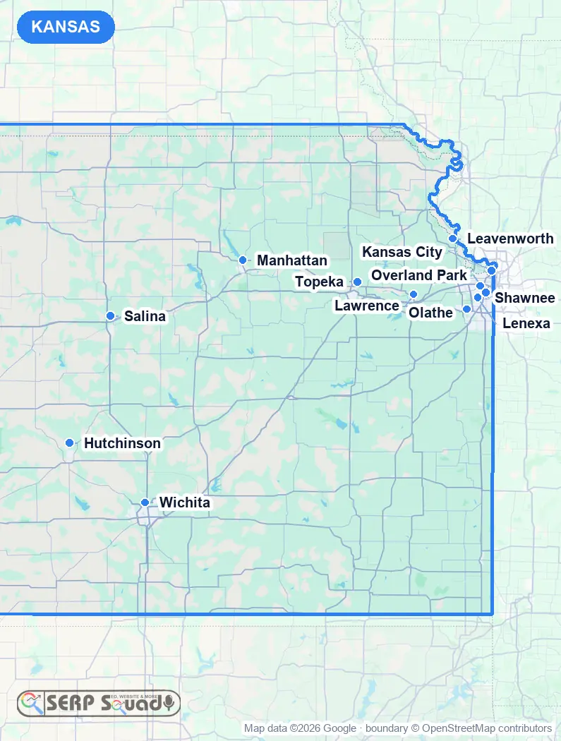 Map of Kansas, USA, marking the 12 cities where we run local SEO campaigns