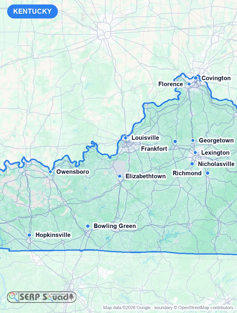 Map of Kentucky, USA, marking the 12 cities where we run local SEO campaigns