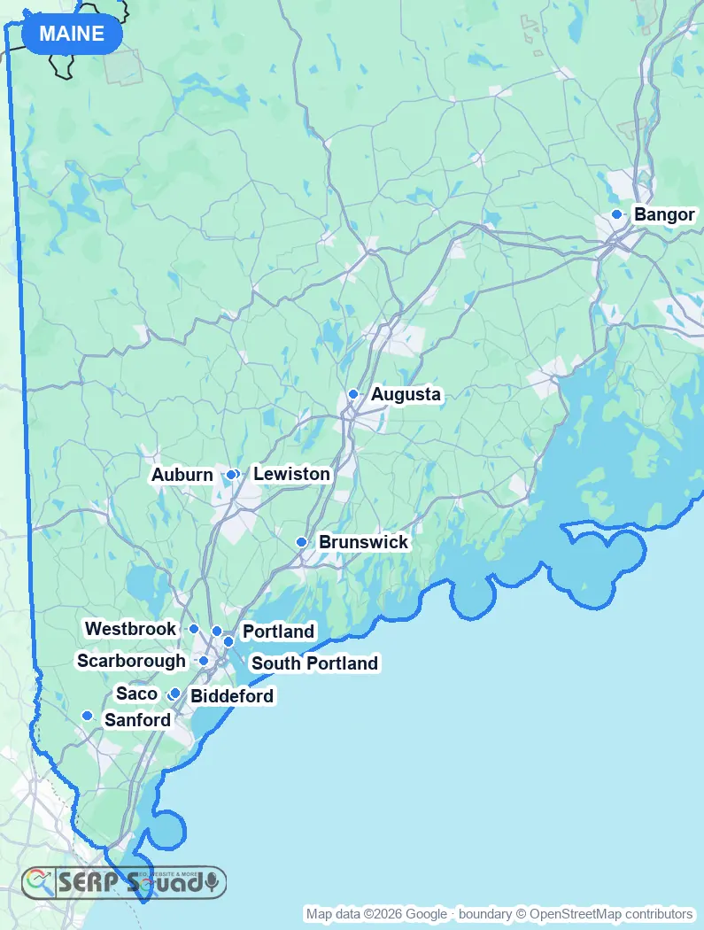 Map of Maine, USA, marking the 12 cities where we run local SEO campaigns
