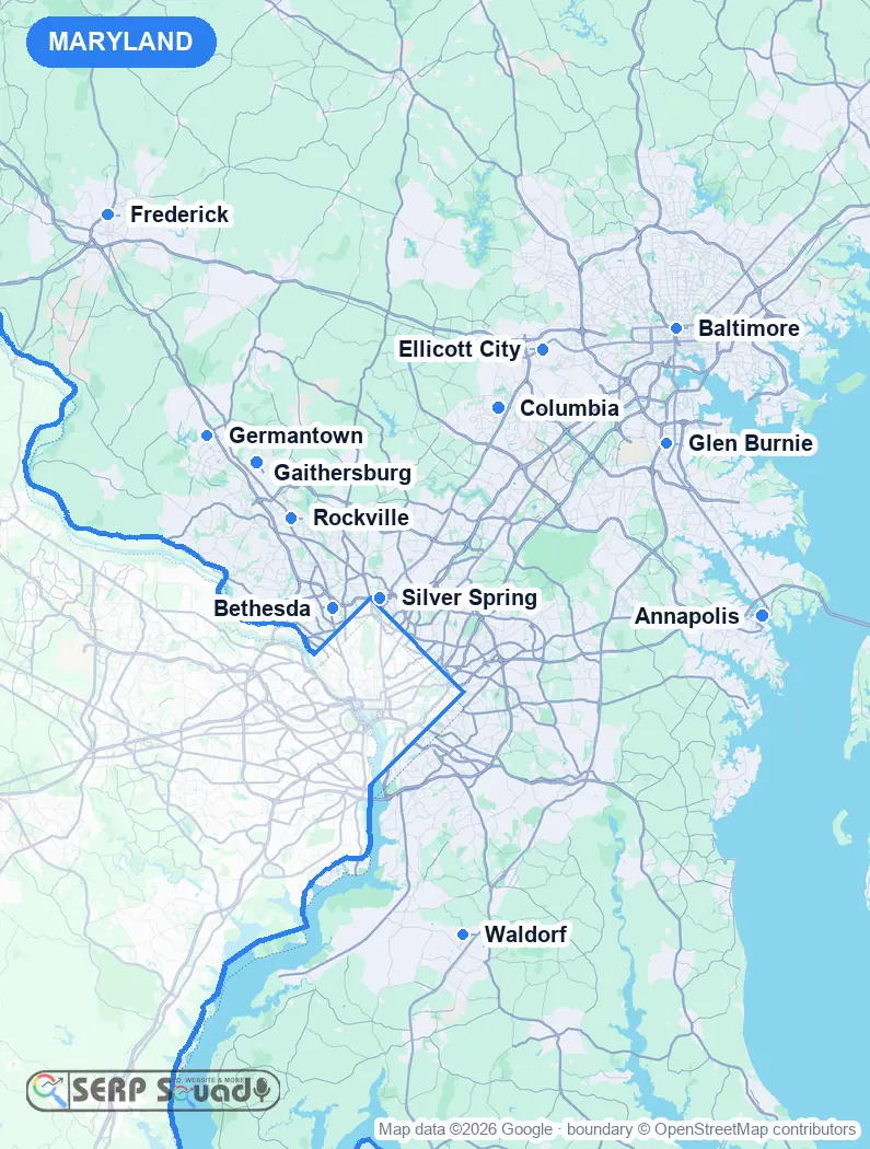 Map of Maryland, USA, marking the 12 cities where we run local SEO campaigns