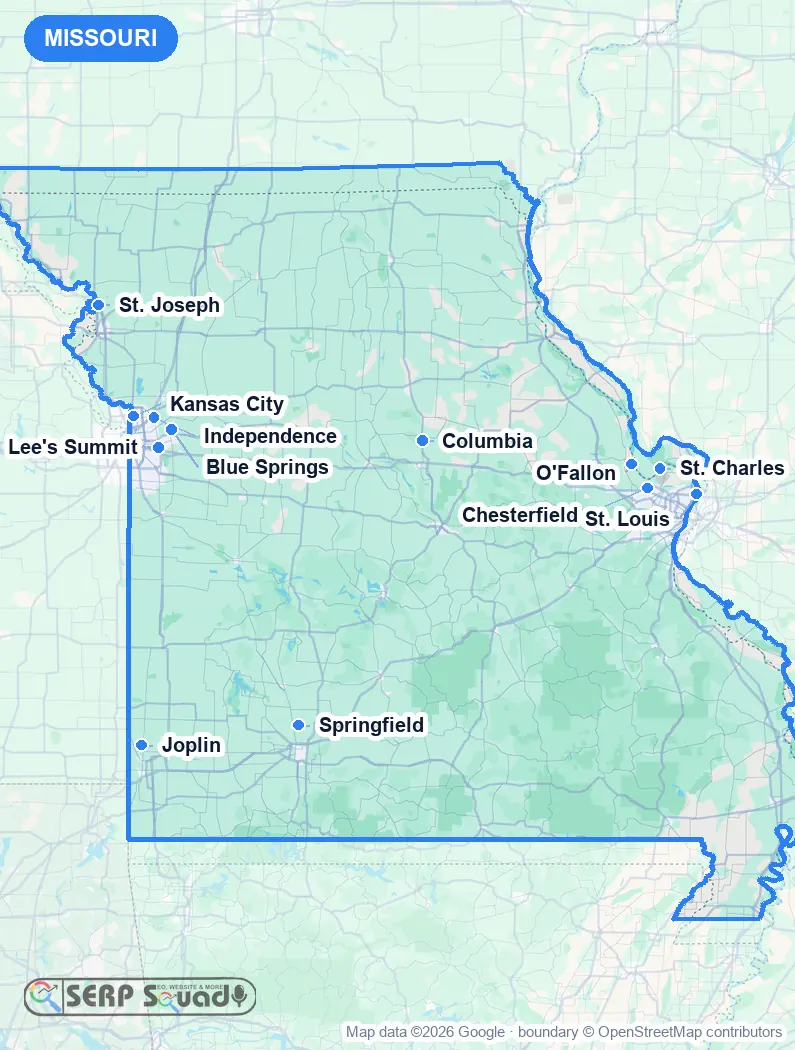 Map of Missouri, USA, marking the 12 cities where we run local SEO campaigns