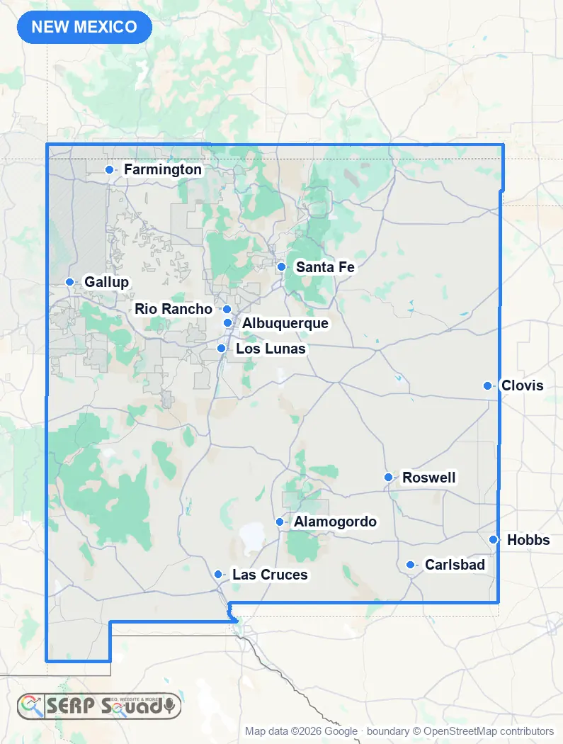 Map of New Mexico, USA, marking the 12 cities where we run local SEO campaigns