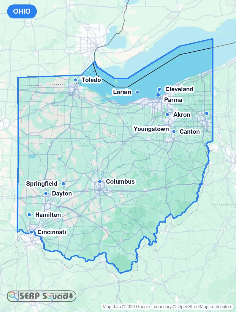 Map of Ohio, USA, marking the 12 cities where we run local SEO campaigns