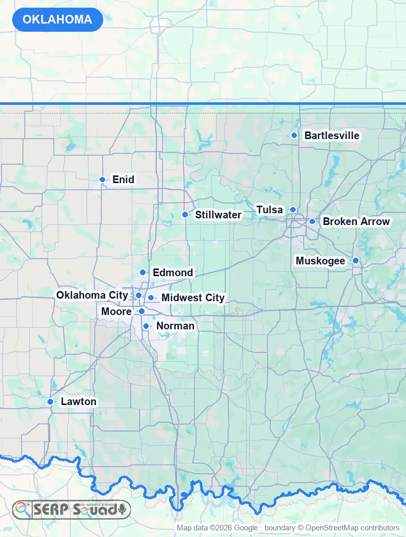 Map of Oklahoma, USA, marking the 12 cities where we run local SEO campaigns