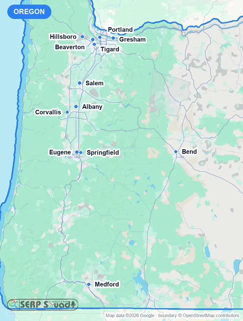 Map of Oregon, USA, marking the 12 cities where we run local SEO campaigns