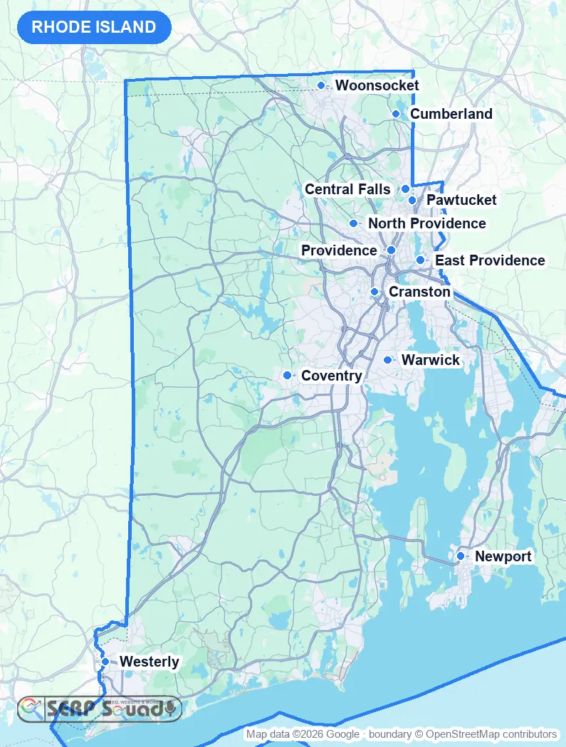 Map of Rhode Island, USA, marking the 12 cities where we run local SEO campaigns