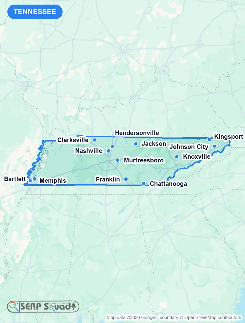 Map of Tennessee, USA, marking the 12 cities where we run local SEO campaigns
